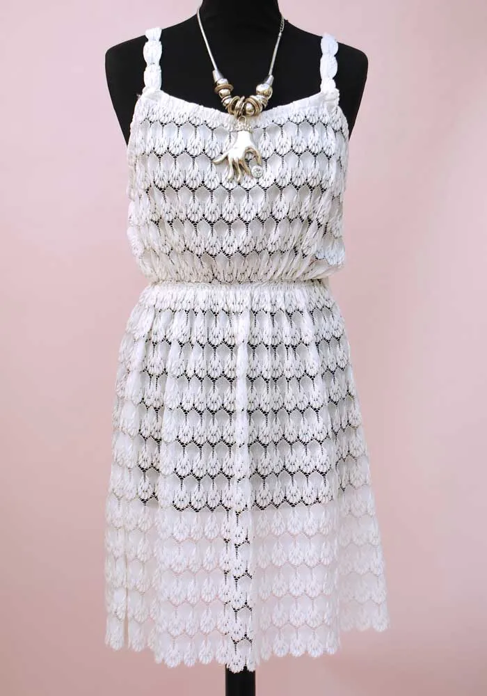 1980s White Stretch Lace Mini dress • Sheer Crochet Sun Dress