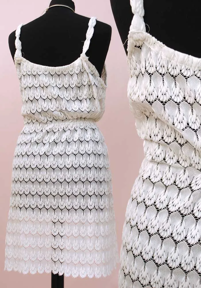 1980s White Stretch Lace Mini dress • Sheer Crochet Sun Dress