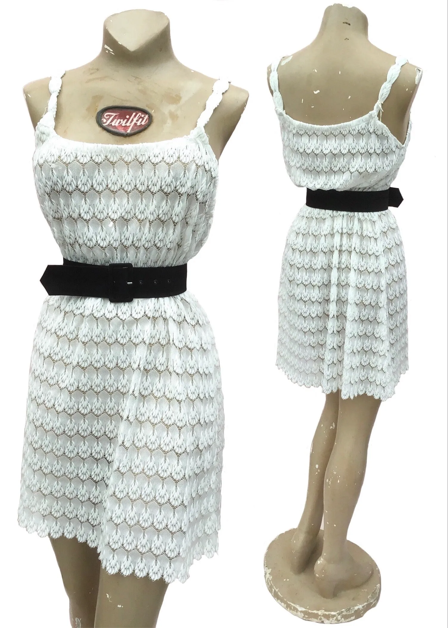1980s White Stretch Lace Mini dress • Sheer Crochet Sun Dress