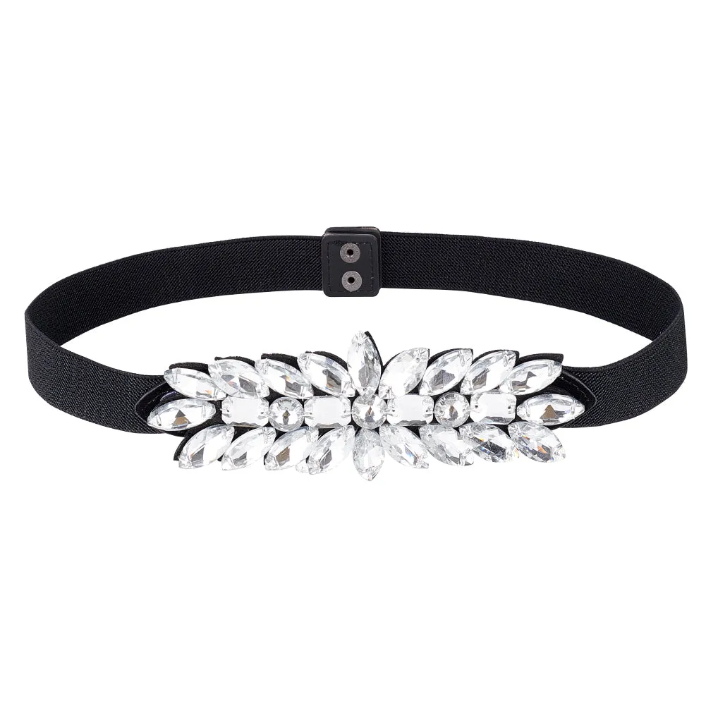 1Pc Black PU Elastic Chain Belt, Rhinestone Flower Waist Belt for Shirt Skirt Dress Overcoat, Crystal, 28-1/8 inch(71.5cm)