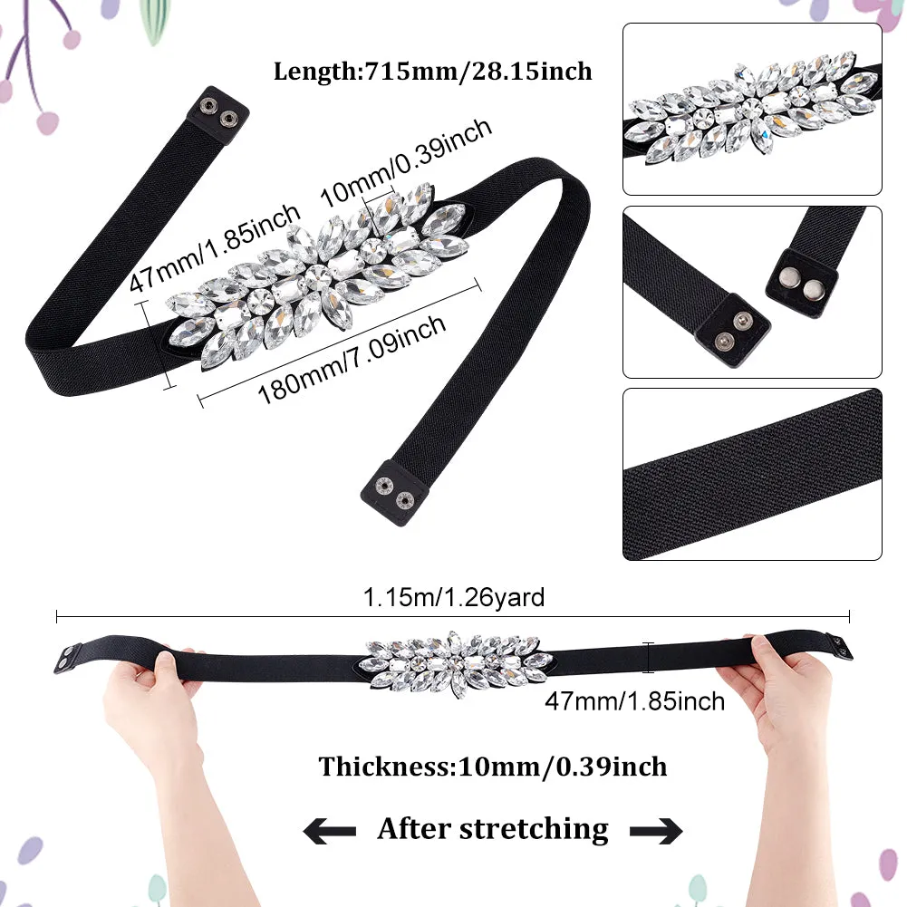 1Pc Black PU Elastic Chain Belt, Rhinestone Flower Waist Belt for Shirt Skirt Dress Overcoat, Crystal, 28-1/8 inch(71.5cm)