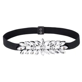 1Pc Black PU Elastic Chain Belt, Rhinestone Flower Waist Belt for Shirt Skirt Dress Overcoat, Crystal, 28-1/8 inch(71.5cm)