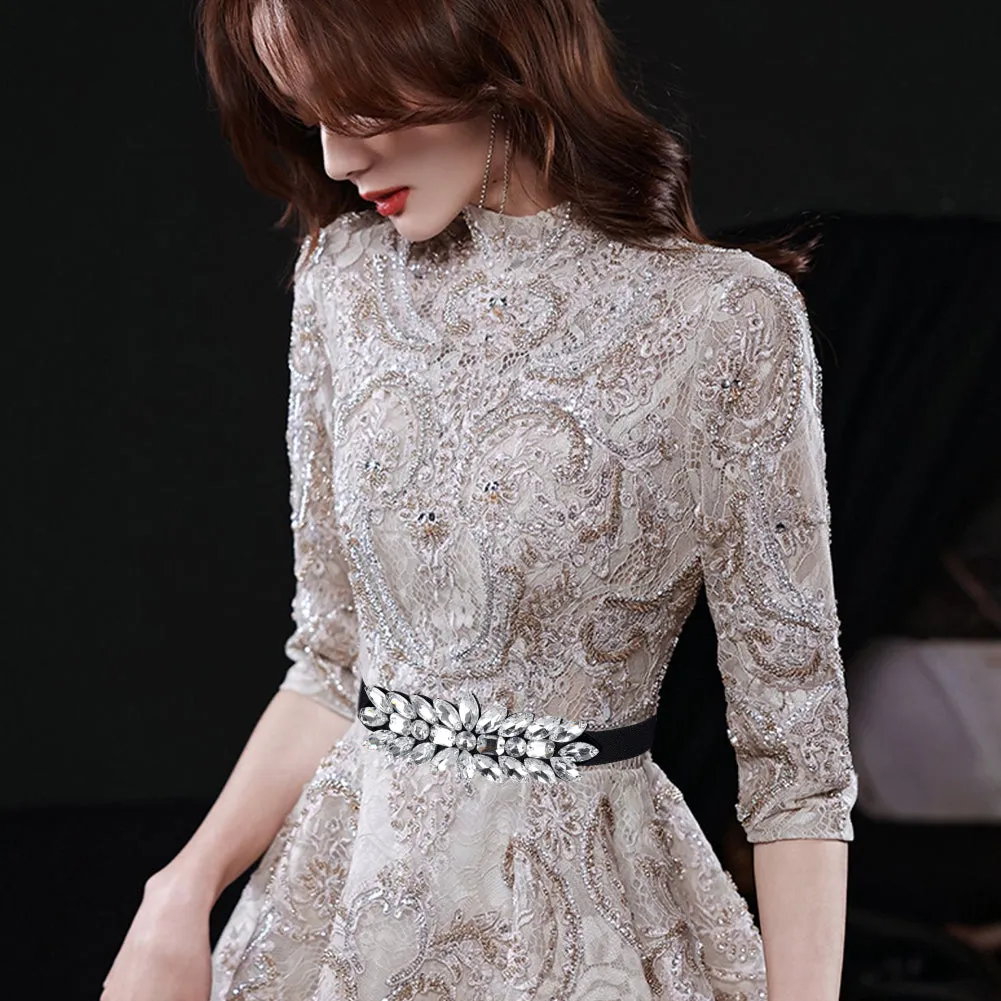 1Pc Black PU Elastic Chain Belt, Rhinestone Flower Waist Belt for Shirt Skirt Dress Overcoat, Crystal, 28-1/8 inch(71.5cm)