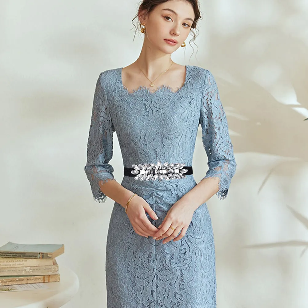 1Pc Black PU Elastic Chain Belt, Rhinestone Flower Waist Belt for Shirt Skirt Dress Overcoat, Crystal, 28-1/8 inch(71.5cm)