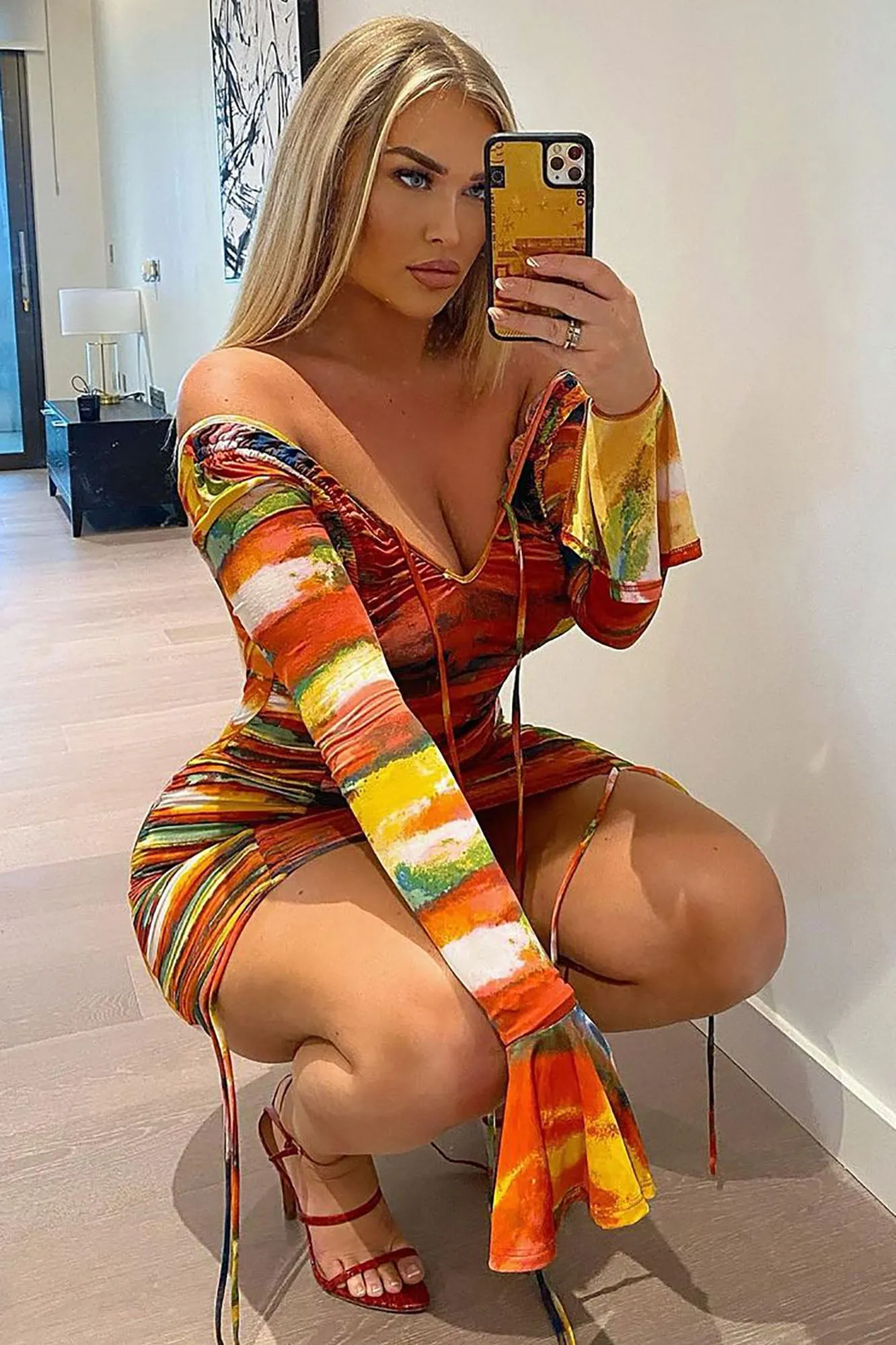 A Splash Of Color Ruched Mini Dress - Orange/combo