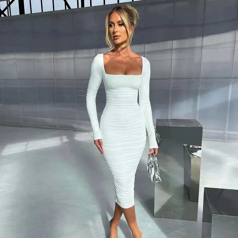 Adeline - Elegant White Pleated Bodycon Dress for Women