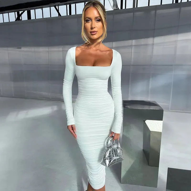 Adeline - Elegant White Pleated Bodycon Dress for Women