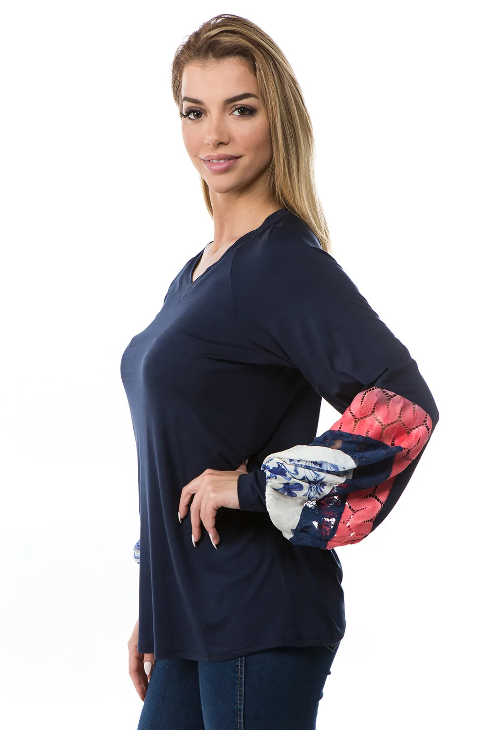 ADIRA COLOR BLOCK SLEEVE TOP (NAVY)- VT2695
