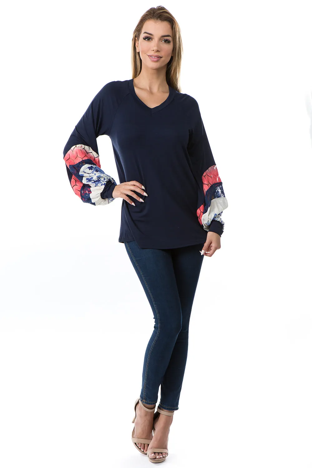 ADIRA COLOR BLOCK SLEEVE TOP (NAVY)- VT2695