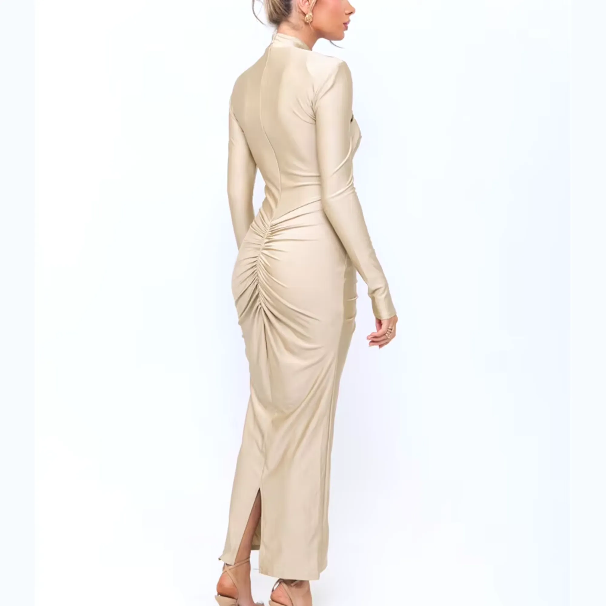 Agnola - Champagne Cutout Ruched Maxi Bodycon Dress