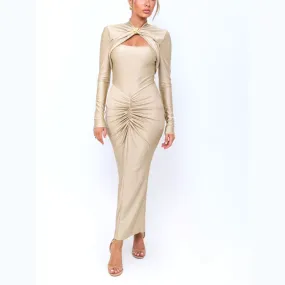 Agnola - Champagne Cutout Ruched Maxi Bodycon Dress