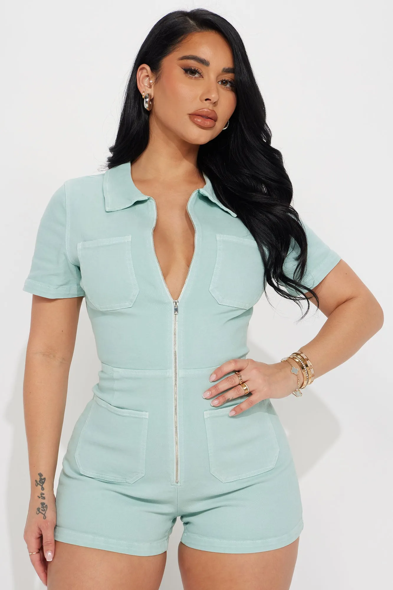 Ana Denim Romper - Sage