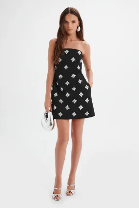 ANNABELLE Embellished Satin Mini Dress in Black