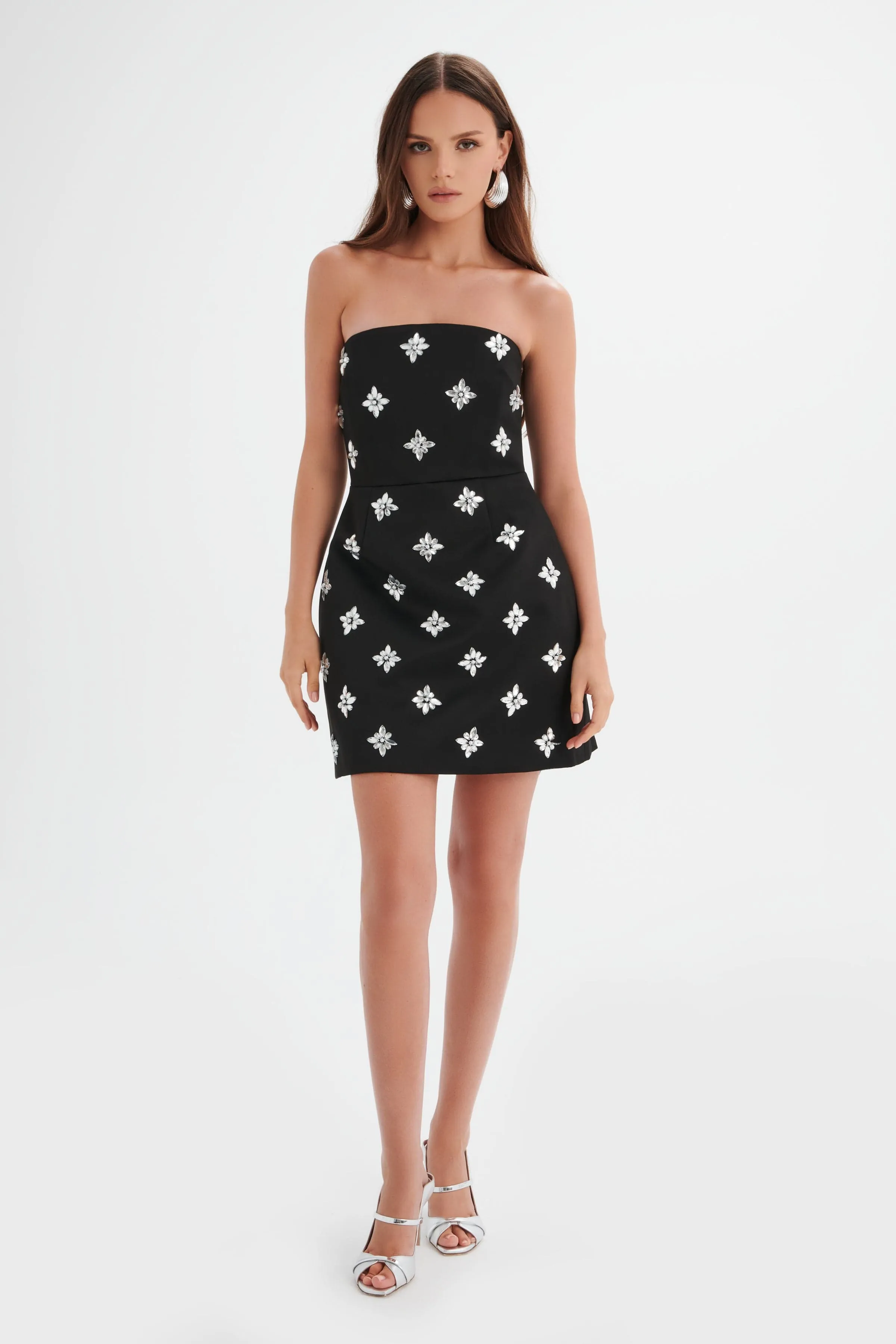 ANNABELLE Embellished Satin Mini Dress in Black