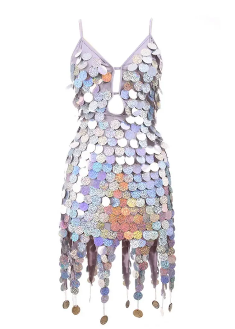 Backless Fringe Hem Sequin Bodycon Party Dance Dress