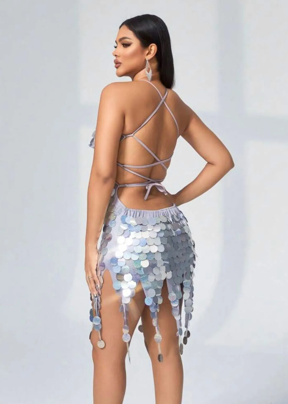 Backless Fringe Hem Sequin Bodycon Party Dance Dress