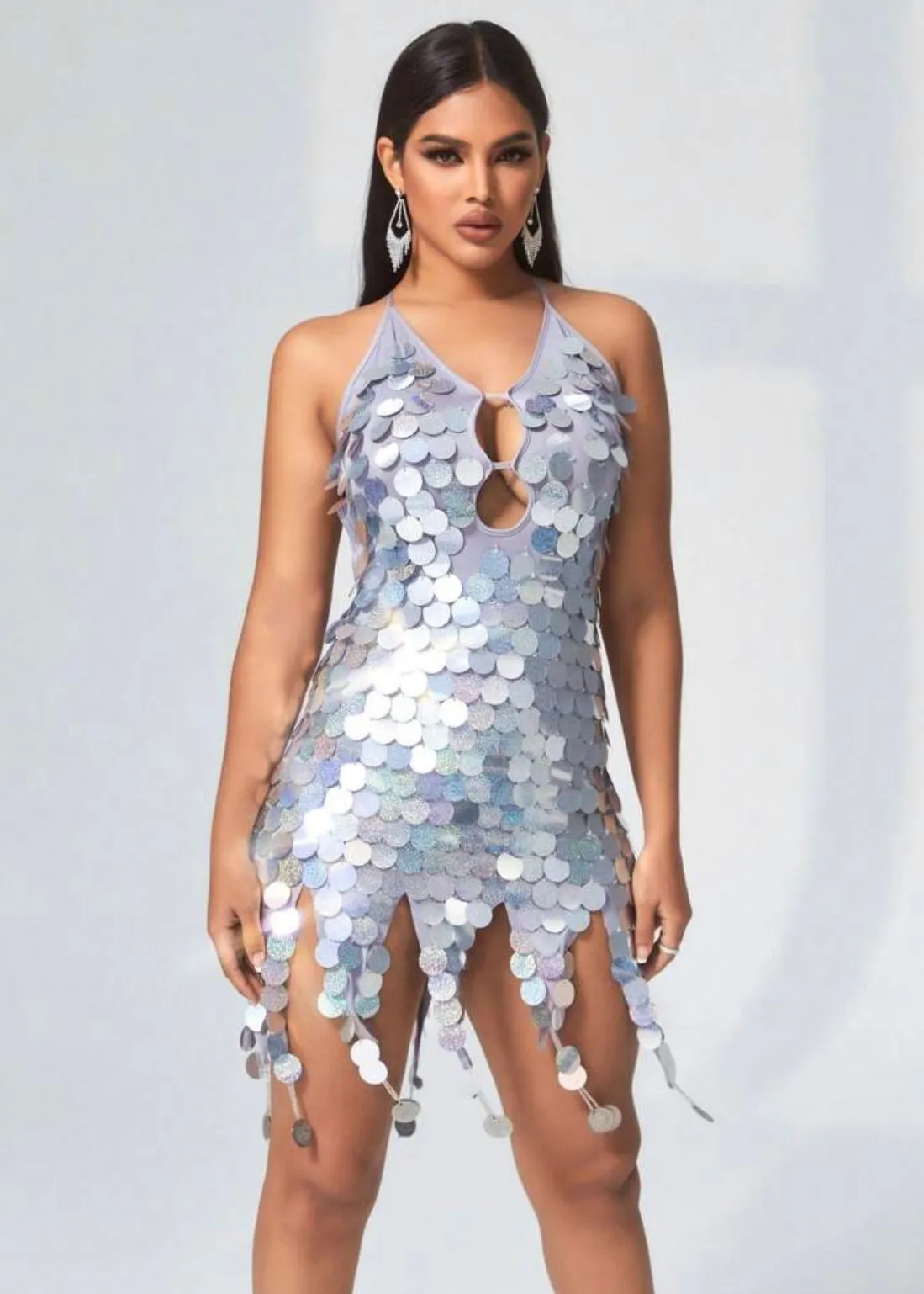 Backless Fringe Hem Sequin Bodycon Party Dance Dress