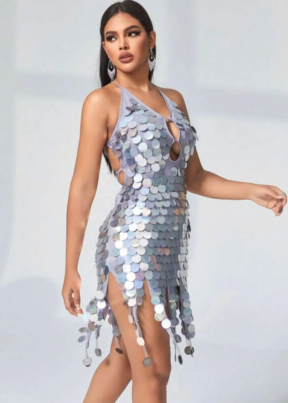 Backless Fringe Hem Sequin Bodycon Party Dance Dress