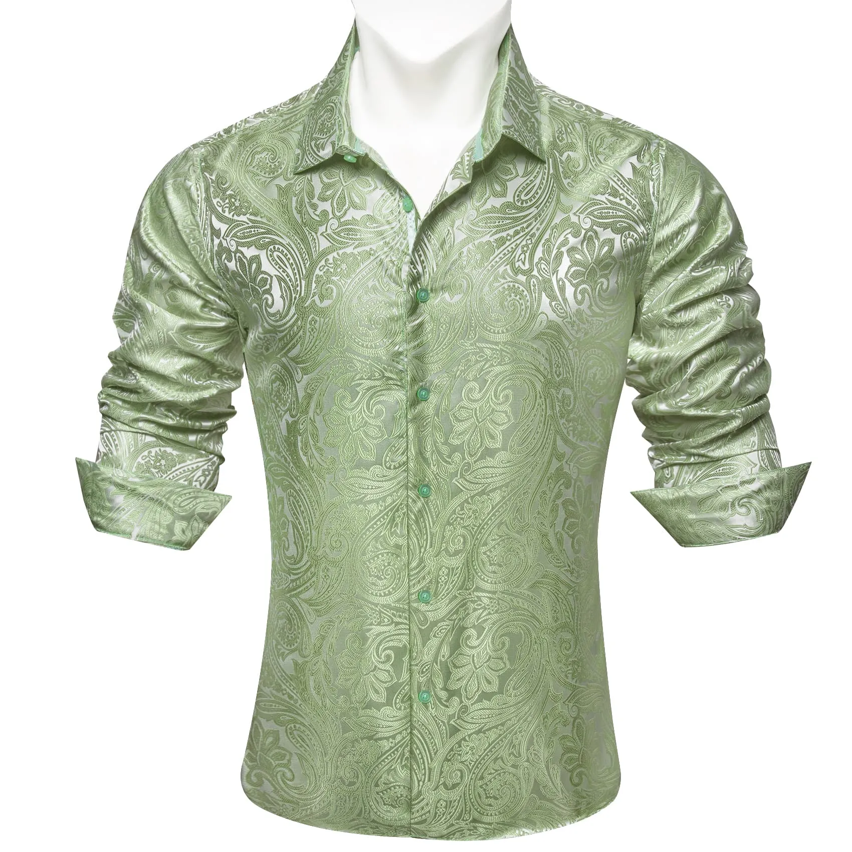 Barry.Wang Sage Green Paisley Shirt Men Long Sleeve Dress Shirt