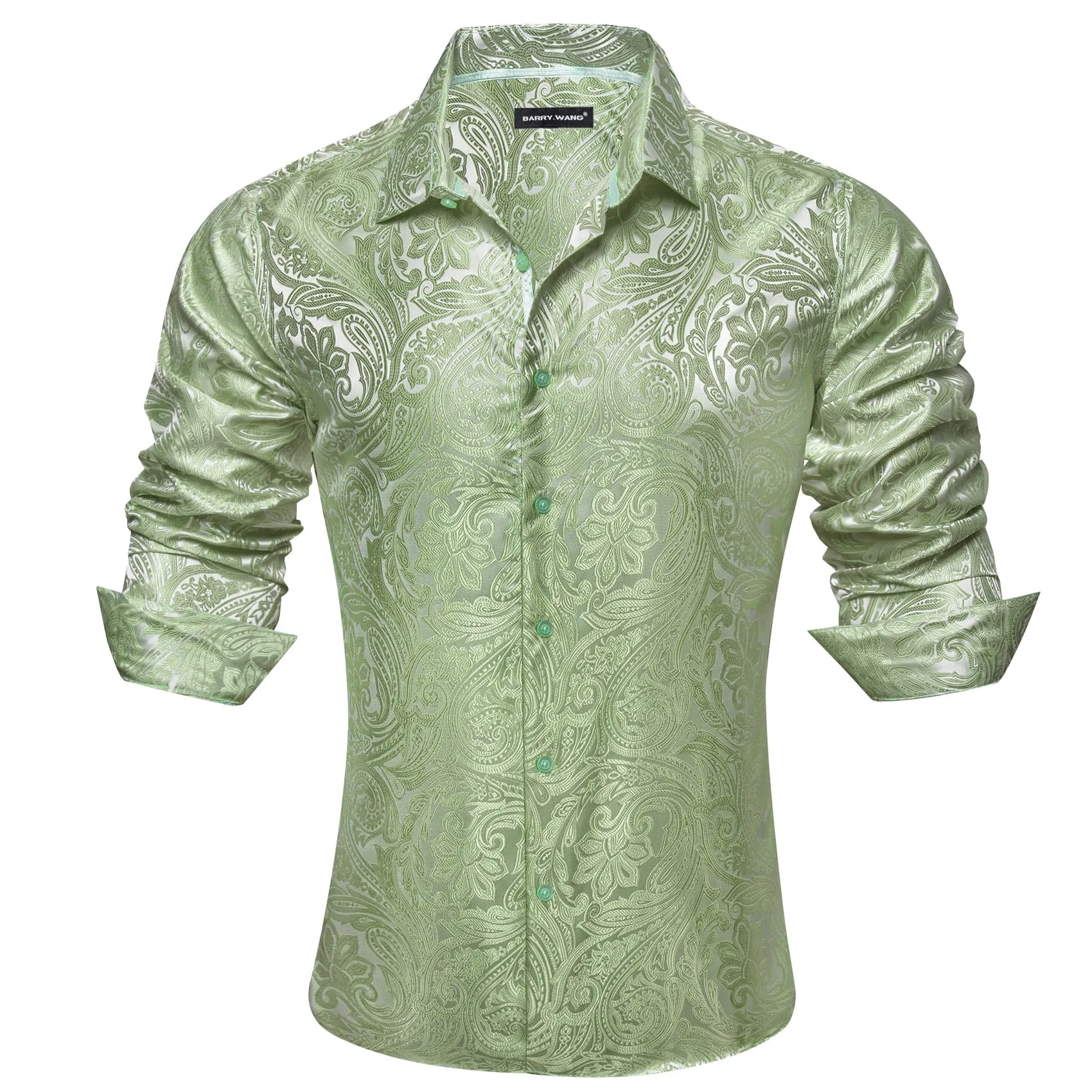 Barry.Wang Sage Green Paisley Shirt Men Long Sleeve Dress Shirt