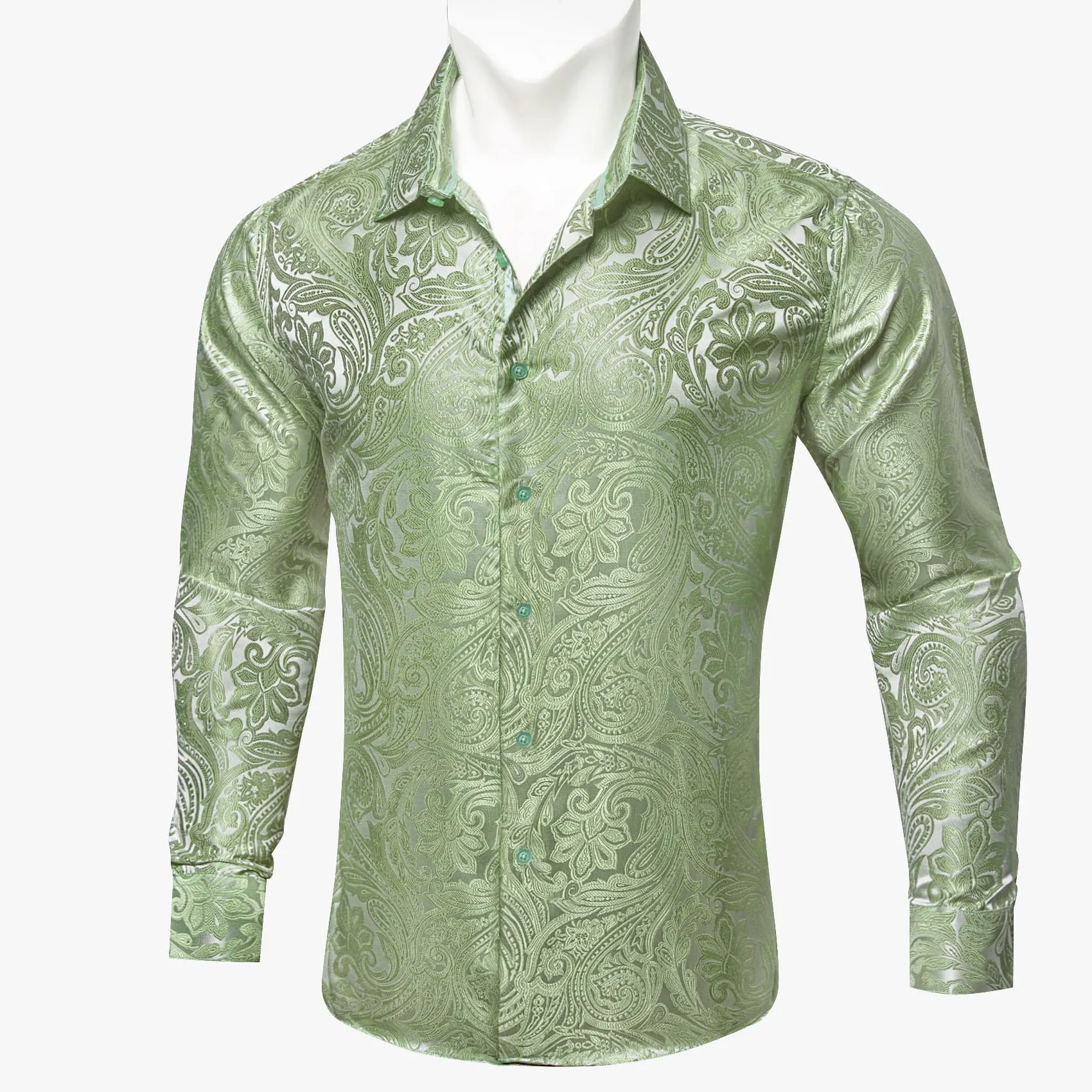 Barry.Wang Sage Green Paisley Shirt Men Long Sleeve Dress Shirt