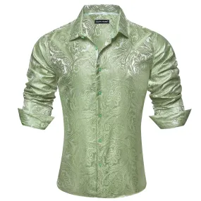 Barry.Wang Sage Green Paisley Shirt Men Long Sleeve Dress Shirt