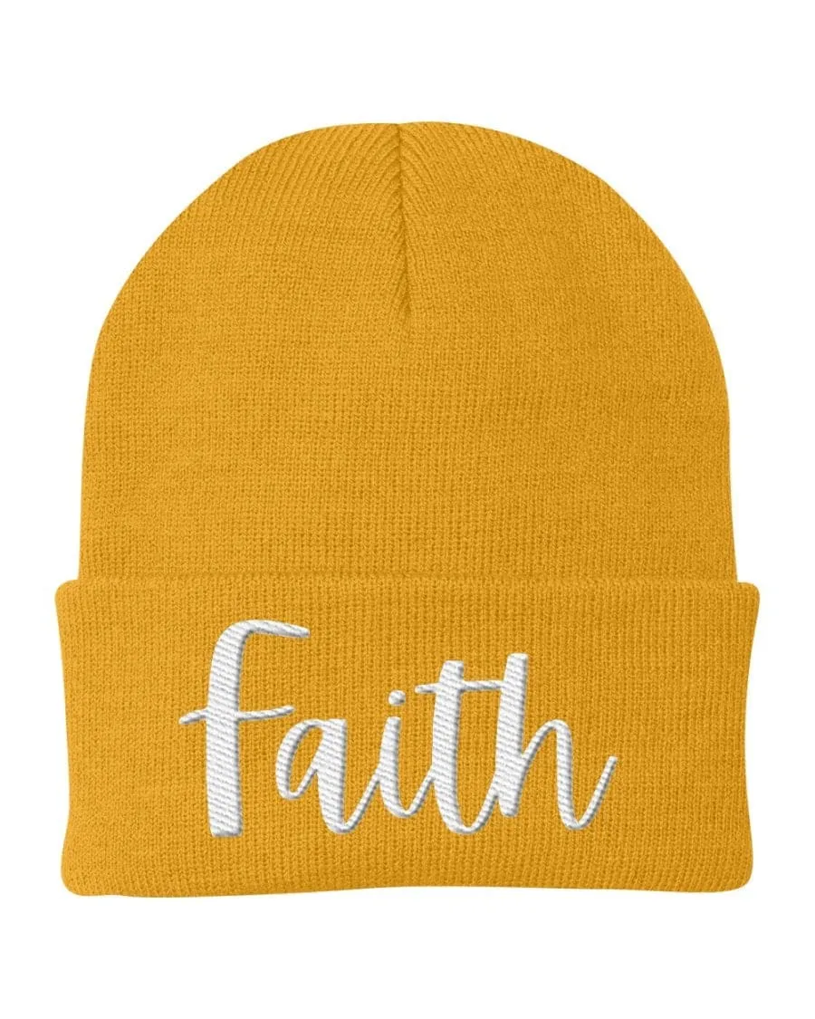 Beanie Knit Cap - Faith Embroidered Hat / White Text
