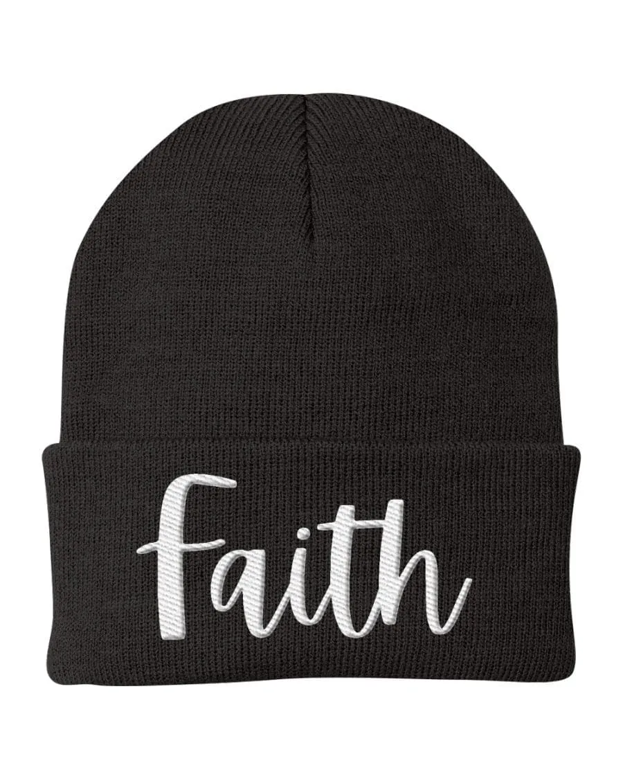 Beanie Knit Cap - Faith Embroidered Hat / White Text