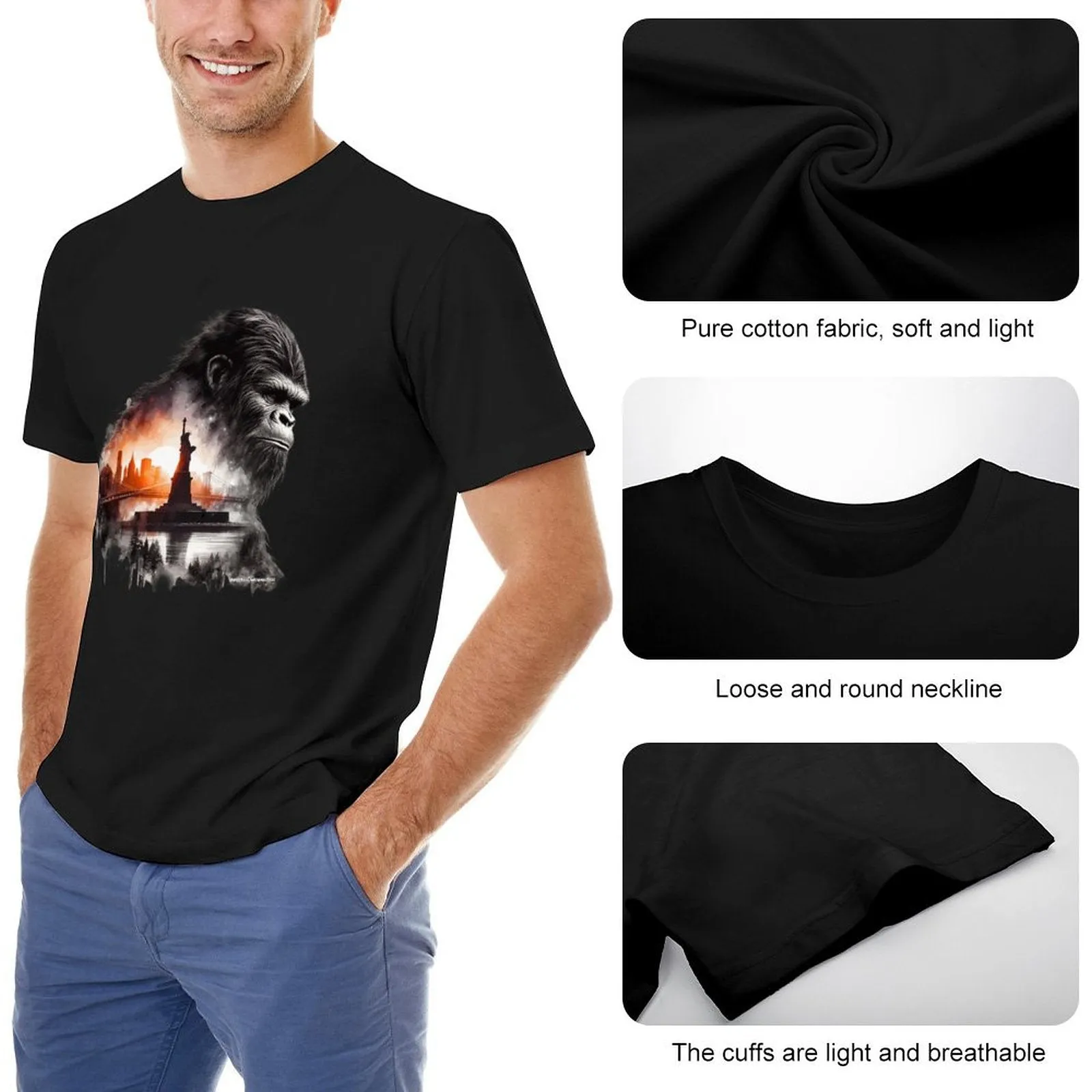 Bigfoot, Sasquatch, Statue of Liberty, Short Sleeve Cotton T-shirt