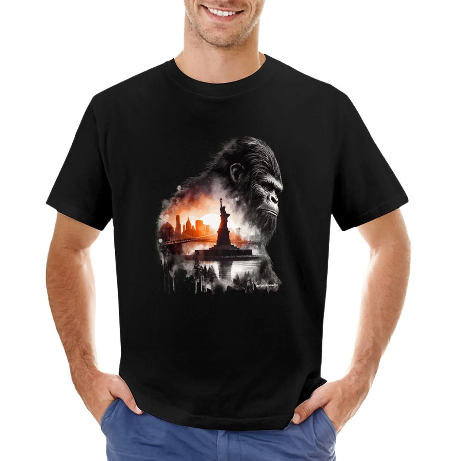 Bigfoot, Sasquatch, Statue of Liberty, Short Sleeve Cotton T-shirt