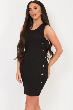 Black Bodycon Ribbed Dress With Gold Buttons