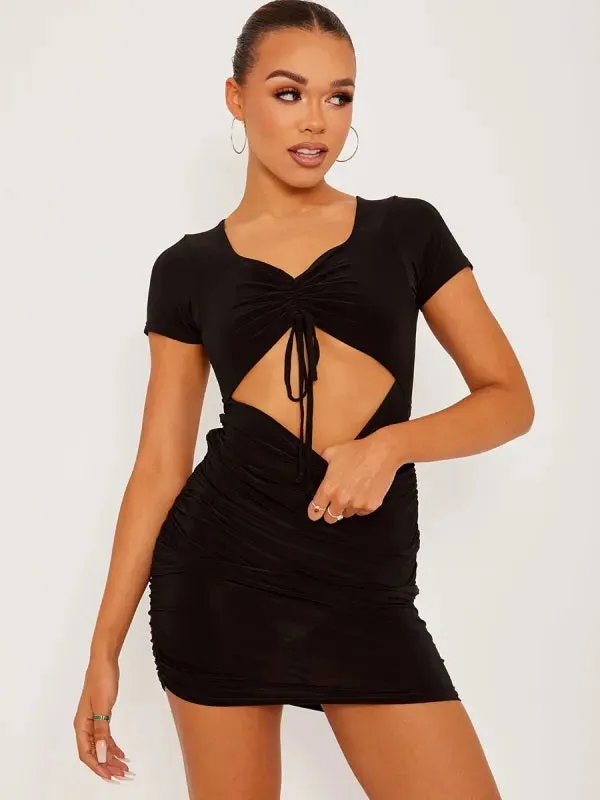 Black Front Ruched Slinky Cut Out Dress