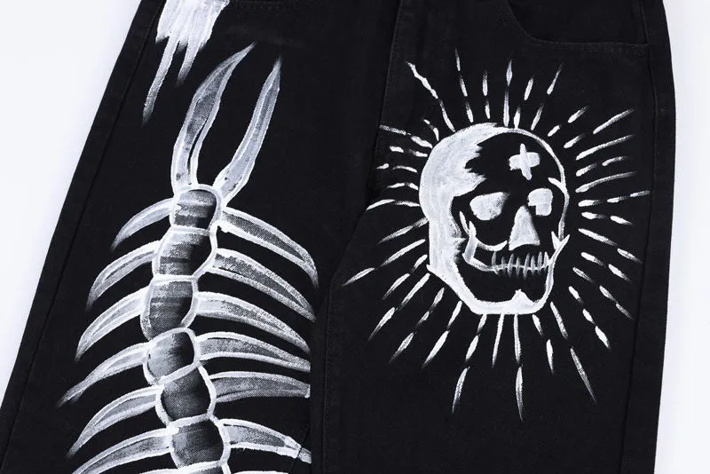 Black Skeletal Graffiti Jeans