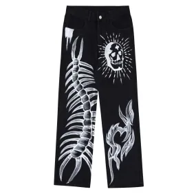 Black Skeletal Graffiti Jeans