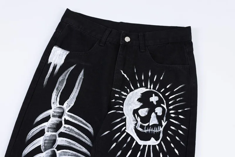 Black Skeletal Graffiti Jeans