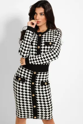BLACK WHITE DOGTOOTH BUTTON DETAIL KNITTED BODYCON DRESS