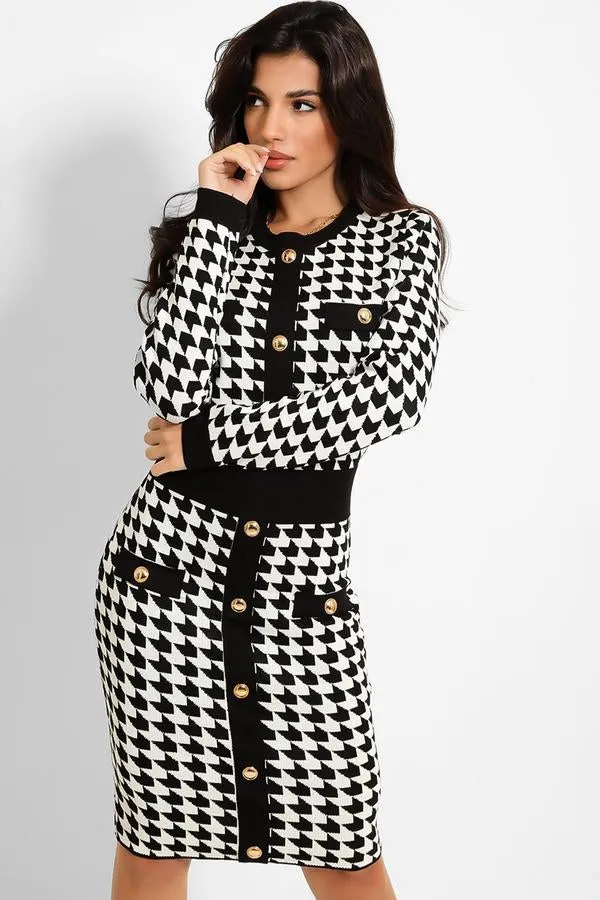 BLACK WHITE DOGTOOTH BUTTON DETAIL KNITTED BODYCON DRESS