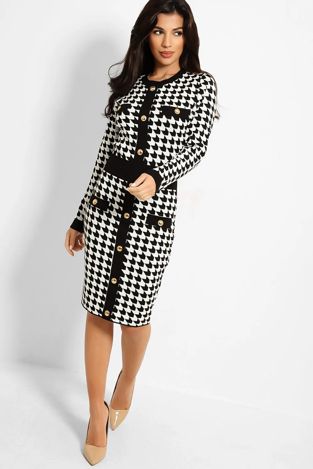 BLACK WHITE DOGTOOTH BUTTON DETAIL KNITTED BODYCON DRESS
