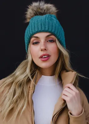 Blue Cable Knit Pom Hat