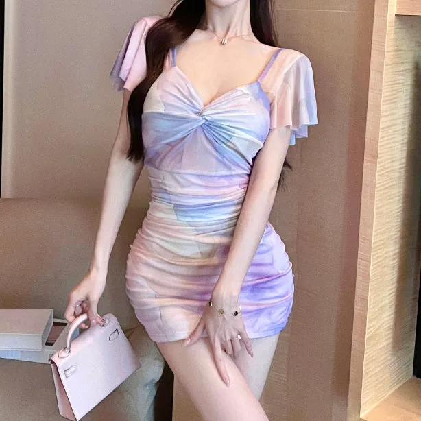 Bodycon Stretch Mesh Printed Hip-Hugging Pleated Dress