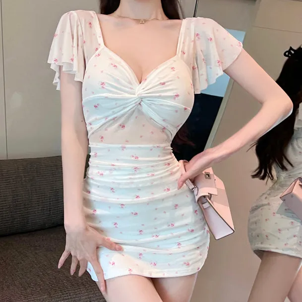 Bodycon Stretch Mesh Printed Hip-Hugging Pleated Dress