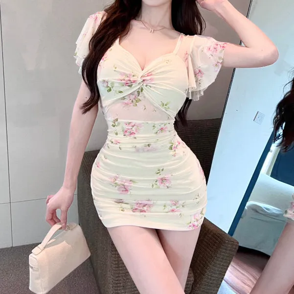 Bodycon Stretch Mesh Printed Hip-Hugging Pleated Dress