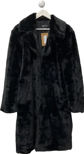 boohooMan Black Faux Fur Overcoat UK M