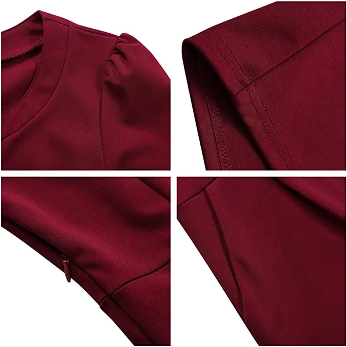 Burgundy Long Sleeve Women's V-Neck Work Business Bodycon Pencil Dress - MISSKY