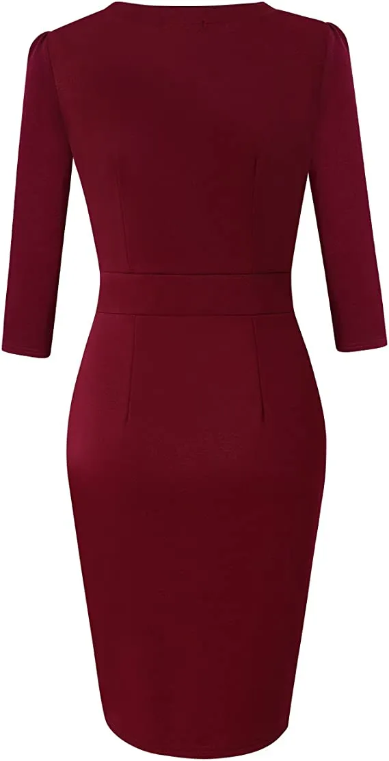 Burgundy Long Sleeve Women's V-Neck Work Business Bodycon Pencil Dress - MISSKY