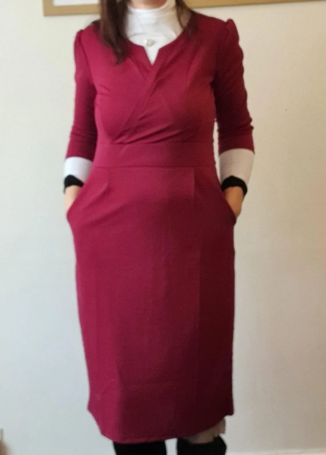 Burgundy Long Sleeve Women's V-Neck Work Business Bodycon Pencil Dress - MISSKY