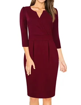 Burgundy Long Sleeve Women's V-Neck Work Business Bodycon Pencil Dress - MISSKY