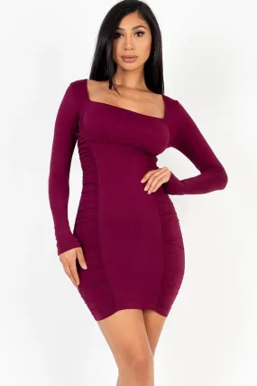Burgundy Square neck long sleeve ruched bodycon mini dress_