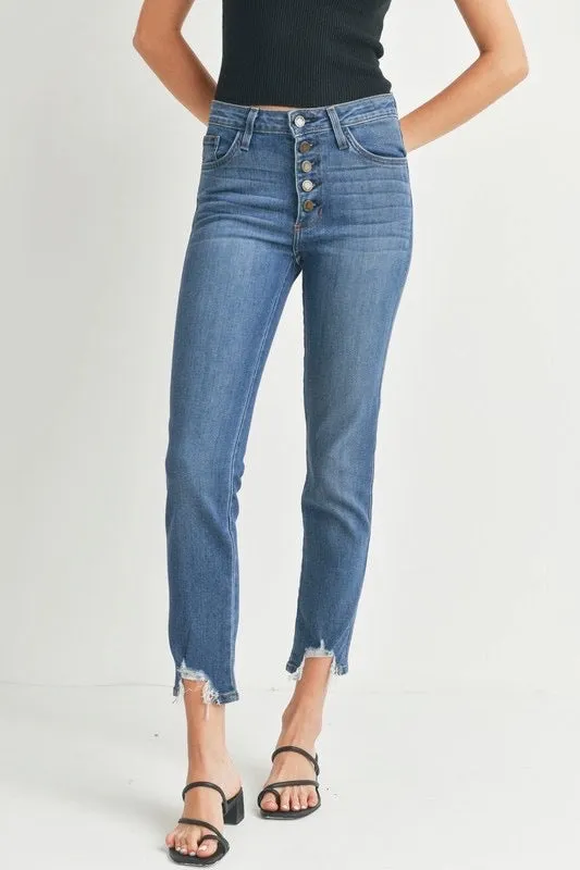 Button Down Shark Bite Hem Medium Denim Wash Jeans by Just Black Denim Made in USA