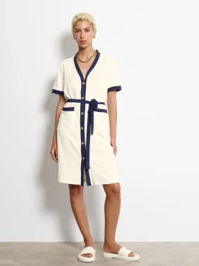 BUTTONED V NECK DREES OFF WHITE